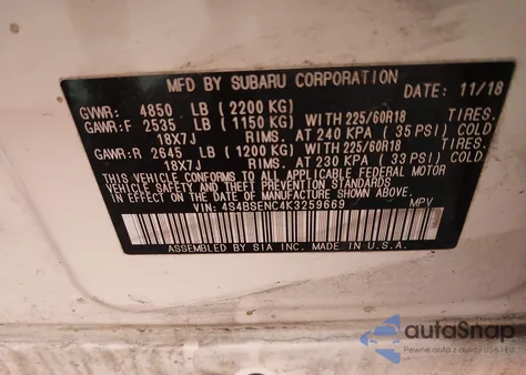 2019 Subaru Outback 3.6R Limited z USA, uszkodzony, nr VIN 4S4BSENC4K3259669